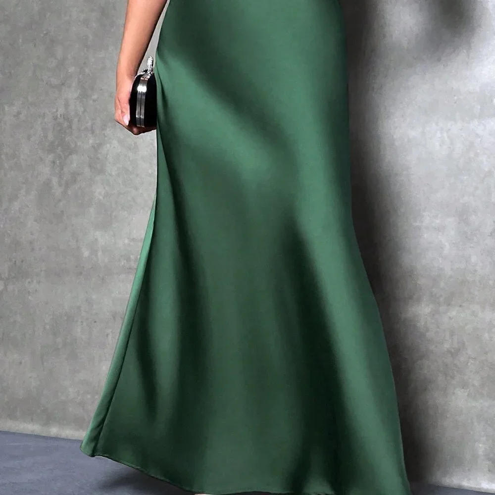 Army Green Casual Womens Solid Maxi Satin Skirt